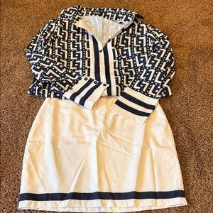 Elegant White and Black Trim Skirt/Shirt Set